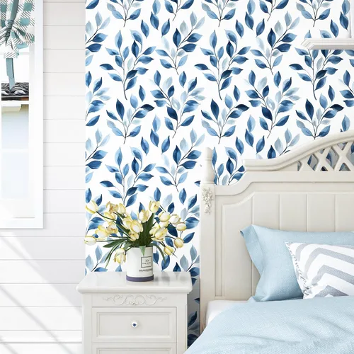 Miniatura 2 de Papel Tapiz Despegable de Hojas Azules Boho, Diseño de Hojas Azules Moderno Vinilo Autoadhesivo Papel de Contacto Casual Estilo Granja para Cajón