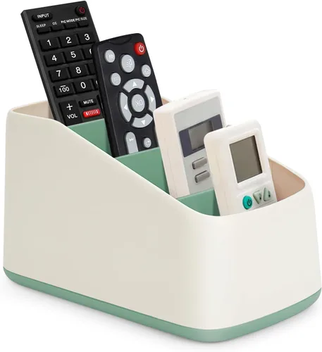 Caja organizadora de soporte para control remoto de TV con 4 compartimentos, bandeja para escritorio, organizador de almacenamiento de escritorio