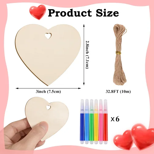 Miniatura 2 de 60 piezas de corazón de madera natural de 3 pulgadas para manualidades, rebanada de madera sin terminar, adornos de corazón de madera preperforados