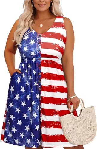 Miniatura 73 de Holipick Vestidos de verano para mujer, talla grande, casual, con bolsillos, acampanado, con botones, sin mangas, cuello en V