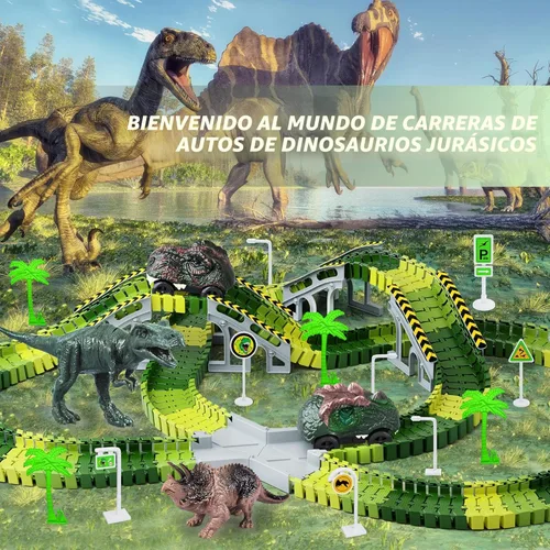 Miniatura 6 de Juguetes de dinosaurio, crea una carrera de carretera mundial de dinosaurios, juego de pista flexible y 2 piezas de autos de dinosaurio geniales