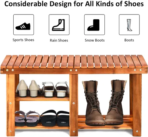 Miniatura 5 de KOTEK Zapatero de 3 niveles, banco de almacenamiento de madera de acacia premium, organizador de zapatos multifuncional con almacenamiento de botas
