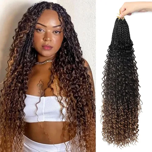 Miniatura 120 de Goddess Box Braids - Trenzas de cabello a ganchillo con extremos rizados, trenzas de caja bohemianas de 16 pulgadas, trenzas de ganchillo, 8 1B-4-30