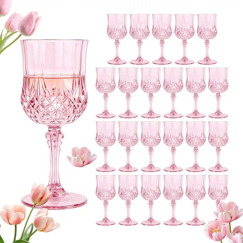 Copas de vino de plástico, estilo vintage para beber cordiales, ideales para recepciones de bodas y fiestas (24, rosa)