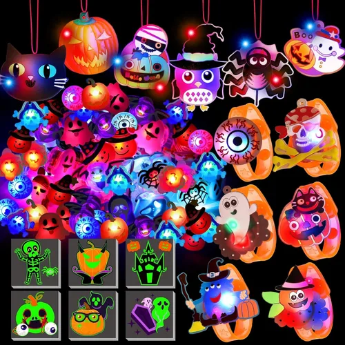 U-Goforst 88 piezas de recuerdos de fiesta de Halloween para niños, pulseras iluminadas que brillan en la oscuridad, collares, anillos LED, juguetes