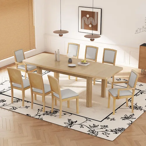 Miniatura 17 de Juego de mesa de comedor de 6 piezas estilo granja, mesa rectangular con soporte y 4 sillas tapizadas y banco, juego de muebles de cocina