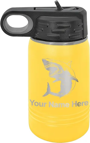 Miniatura 52 de LaserGram Botella de agua personalizada, gran tiburón blanco, acero inoxidable de doble pared aislada al vacío con popote superior, regalo grabado