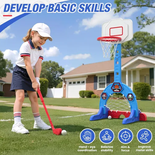 Miniatura 4 de HYES Aro de baloncesto para niños pequeños, centro de actividades deportivas 3 en 1 con portería de fútbol, juego de golf, aro de baloncesto