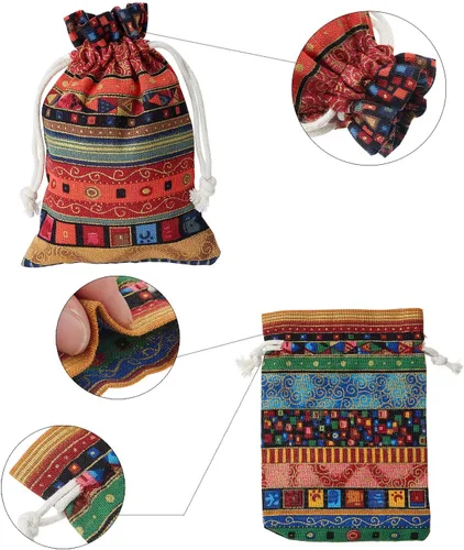 Miniatura 7 de Paquete de 56 bolsas de joyería de caramelo egipcio, bolsas de monedas con estampado azteca, bolsa de regalo con cordón para regalos de devolución