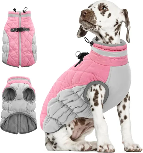 Miniatura 33 de AOFITEE Abrigo para perro, chaquetas cálidas para perros grandes, abrigo reflectante de cuello alto para perros con arnés integrado, impermeable