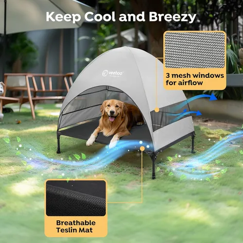 Miniatura 3 de Cama para Perros al Aire Libre Veehoo con Toldo, Catre Elevado Refrescante para Mascotas con Sombra Removible, Patas Antideslizantes, Catre Elevado