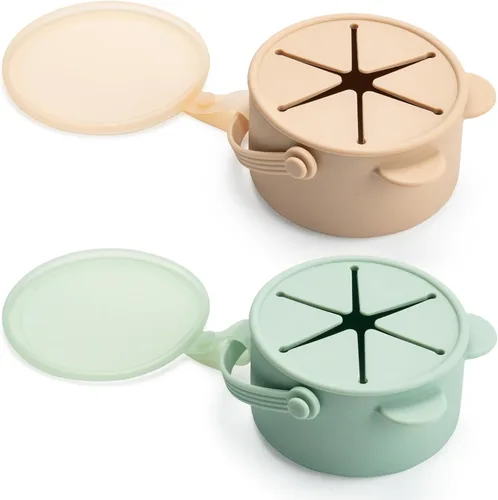 Miniatura 10 de Vasos de silicona antiderrames para niños pequeños – Recipientes portátiles para aperitivos para bebés con tapa a prueba de polvo – Vasos a prueba