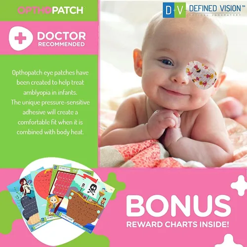 Miniatura 6 de Opthopatch Parches oculares para bebés – Adhesivo extra sensible – Diseño para niñas [Serie II] – 70 unidades + 2 gráficos de recompensa