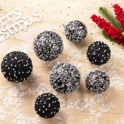 Miniatura 5 de 12 unidades de adornos de bola de Navidad, adornos de bola de Navidad negros de plástico irrompible con perlas colgantes para fiesta de vacaciones