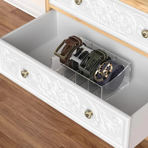 Miniatura 6 de Organizador de cinturón, soporte de almacenamiento de cinturón acrílico para el armario y el cajón, 4 compartimentos para cinturón, vitrina