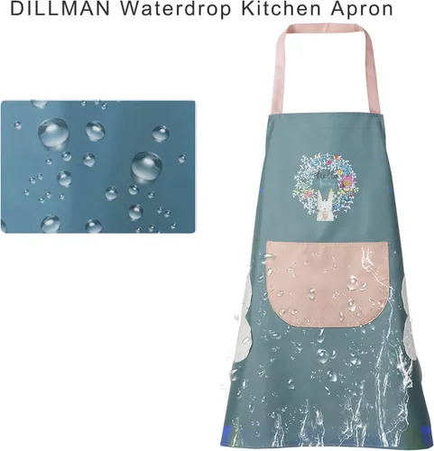 Miniatura 8 de DILLMAN Delantal de cocina para mujer con bolsillos para limpiar las manos, bolsillo grande, limpieza a mano, impermeable para cocinar y hornear Azul