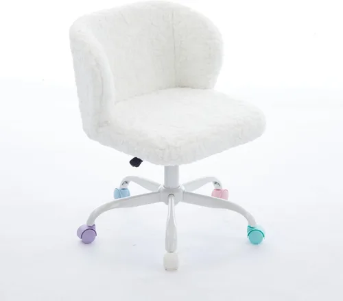 Miniatura 14 de Silla de escritorio de piel sintética con base de metal blanco, silla de oficina giratoria ajustable con ruedas, cómoda silla de maquillaje