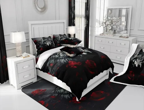 Miniatura 5 de Manfei Manta de lobo para niños, diseño de lobo con rosas rojas y flores para sofá, temática de animales, para todas las estaciones, para niños