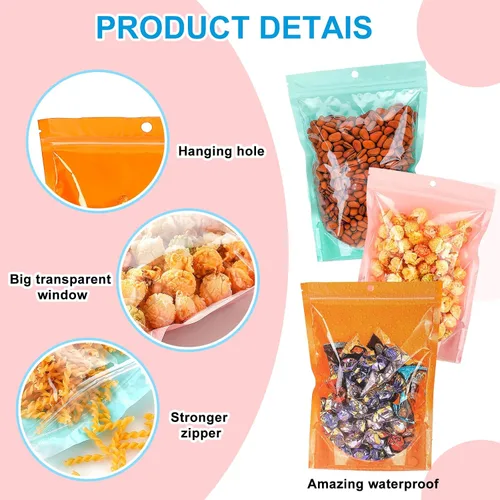 Miniatura 3 de Paquete de 100 bolsas de almacenamiento de alimentos Mylar con ventana, bolsa resellable de 7 x 10 pulgadas, a prueba de olores, bolsas de plástico