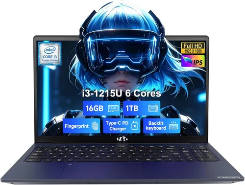 NIMO 15.6'' IPS FHD Laptop, 16GB RAM 1TB SSD Intel i3-1215U (Beat R5-7520U, 6 Cores Up to 4.4GHz) Student Computer with 65W Fast PD, 2 Years