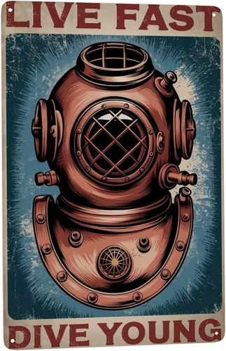 Placa de pared retro para buceo, arte metálico de 8 x 12 pulgadas, diseño de aventura oceánica para casa de playa, sala de piscina y decoración