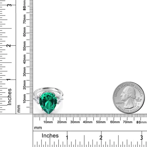 Miniatura 3 de Gem Stone King Anillo de 3 piedras de moissanita blanca y nano esmeralda verde de 9.19 quilates para mujer en plata de ley 925 Forma de pera 0.630