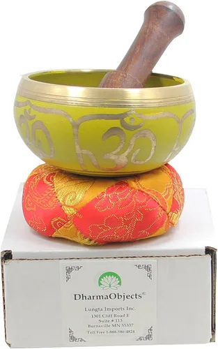 Miniatura 4 de DharmaObjects - cuenco para cantar el Om de la paz, para meditación relajante de yoga. Juego de almohadilla de seda, juego de martillo de Amarillo