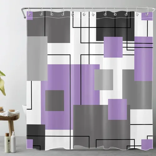 Miniatura 16 de LB Cortina de ducha geométrica a rayas grises y blancas, cortinas de ducha abstractas de mediados de siglo verde salvia para baño, 72 x 72 pulgadas
