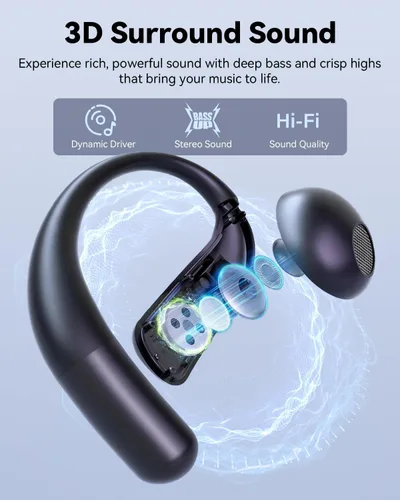 Miniatura 3 de Wentronic Auriculares inalámbricos Bluetooth 5.4 con pantalla digital, gancho seguro, tiempo de reproducción de 48 horas, sonido mejorado, llamadas