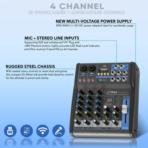 Miniatura 8 de Pyle Mezclador de audio profesional Placa de sonido Interfaz de sistema de consola de 4 canales USB digital Bluetooth MP3 Entrada de computadora 48V