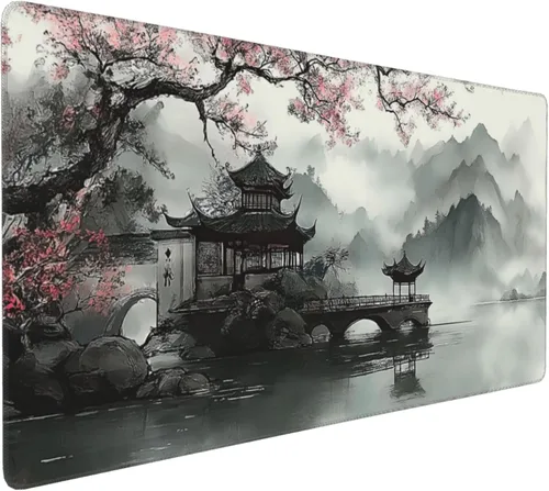 Miniatura 12 de Alfombrilla de mouse grande con diseño japonés de paisaje de edificios antiguos, alfombrilla de teclado para juegos extendida XXL, base de goma