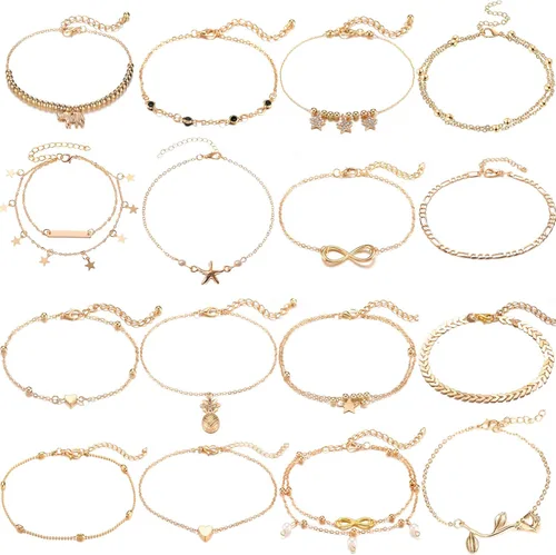 Starain - Juego de 12 tobilleras para mujer y niña, ajustable, diseño de corazón, elefante, capas, color dorado y plateado, joyería de pie para la