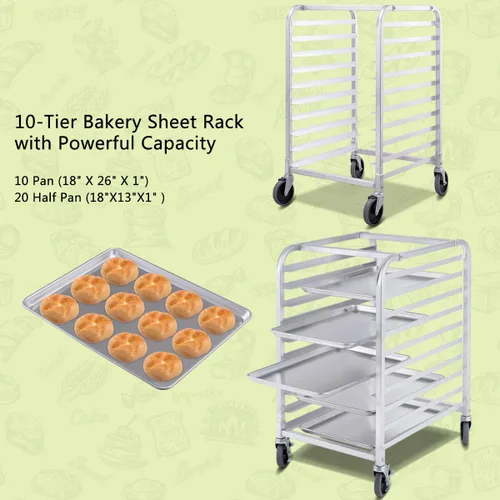 Miniatura 2 de Giantex Estante de aluminio para panadería de 10 niveles, bandeja para bollos de cocina comercial, carrito móvil para panaderos con estantes