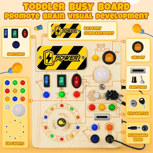 Miniatura 2 de Tablero de actividades, juguetes Montessori para niños de 1 año o más, tablero de actividades con 13 luces LED, juguete educativo de viaje de madera