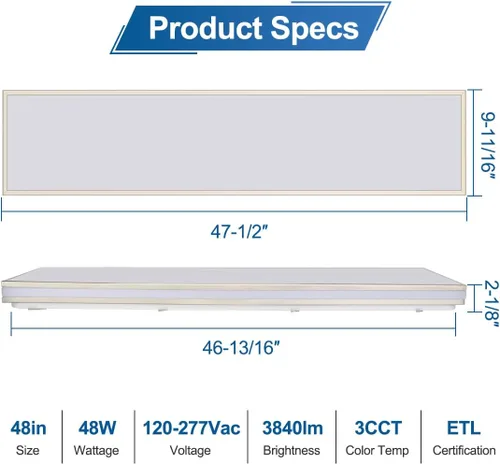 Miniatura 5 de DAKASON Lámpara de techo LED rectangular de 4 pies para cocina/lavandería, 48 W envolvente 3/4/5000K seleccionable, luces lineales cableadas