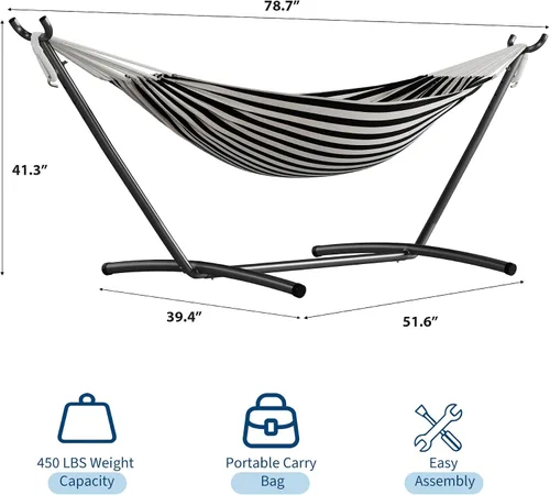 Miniatura 7 de GarveeLife Hamaca doble para 2 personas, hamaca de pie para interiores y exteriores con soporte de acero que ahorra espacio, bolsa de transporte