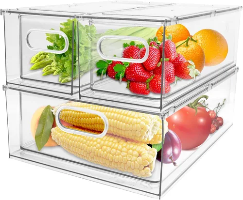 Miniatura 11 de Paquete de 4 contenedores organizadores de refrigerador con cajón extraíble, apilables, transparentes, organizadores de cajones de refrigerador