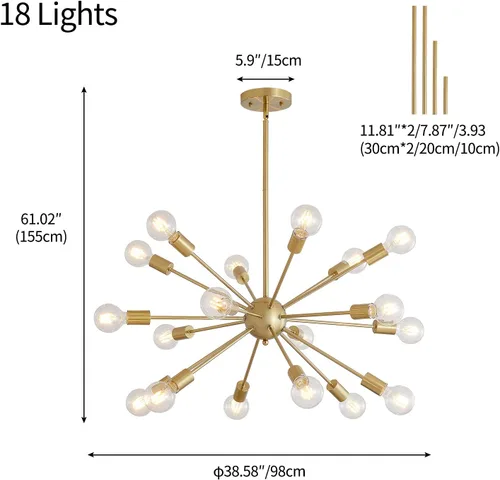 Miniatura 5 de Lámparas de araña Sputnik de mediados de siglo de 18 luces, lámpara de techo moderna de montaje semiempotrado industrial, lámparas colgantes retro