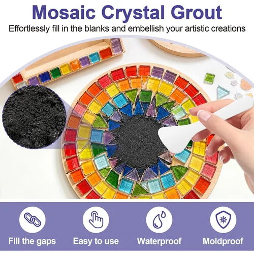 Miniatura 2 de Lechada de mosaico negro de 9 onzas, kit de lechada de mosaico con purpurina, arena de cristal transparente, fórmula impermeable, fácil de aplicar