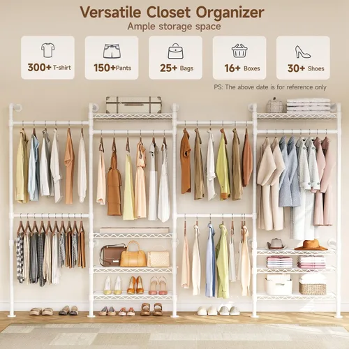 Miniatura 8 de ONBRILL H4 - Sistema de armario para montaje en pared, perchero industrial expandible para colgar ropa, organizador de armario resistente y Blanco