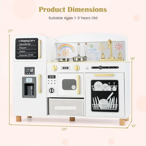 Miniatura 9 de INFANS Juego de cocina para niños, juego de juguetes de cocina de madera para niños pequeños con tablero de dibujo acrílico, máquina de hielo, Blanco