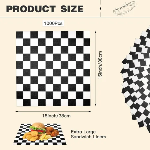 Miniatura 2 de Colarr 1000 hojas de papel encerado a granel de 15 x 15 pulgadas, papel grande para envolver sándwiches a cuadros, para hamburguesas, pan, Negro
