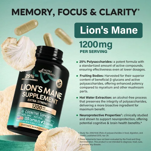 Miniatura 4 de Cápsulas de suplemento de melena de león - Melena de león orgánica - Fabricado en EE.UU. - Extracto de cuerpos fructíferos - 1200 mg, 25%