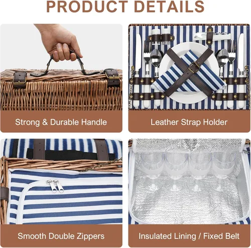 Miniatura 4 de Cesta de picnic para 4 personas – Cestas con hielera y manta de picnic, cesta de picnic clásica de mimbre con alfombrilla de playa impermeable y a