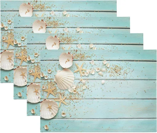 Miniatura 12 de Juego de 8 manteles individuales azules con diseño náutico de verano, diseño de estrella de mar, red antideslizante, resistente al calor, tela