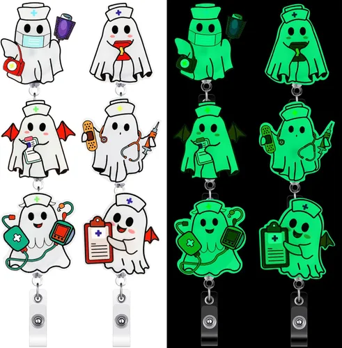 Miniatura 8 de Fulmoon Carrete retráctil de insignia de Halloween, 6 unidades, que brilla en la oscuridad, soporte para identificación de enfermera con clip