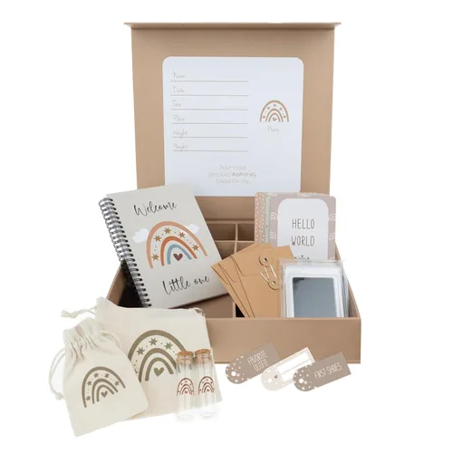 Yunioo Caja de recuerdos para bebé con libro de recuerdos de bebé, kit de huellas para recién nacidos, tarjetas de hitos para bebés, tubos de