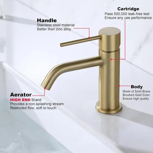 Miniatura 2 de Grifo de baño de oro cepillado, grifo de fregadero de latón de una sola manija para baño con un solo orificio con montaje de drenaje de fregadero