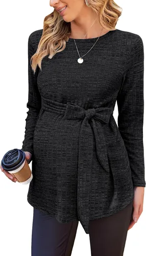 Ekouaer Camisas de maternidad de manga larga para mujer, blusas casuales de punto acanalado para embarazadas, tallas S-XXL