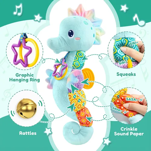Miniatura 3 de AWOTOY Juguetes para bebés de 0 a 12 meses, juguetes de peluche musicales con actividad sensorial suave, con arrugas, sonajero y texturas, juguetes